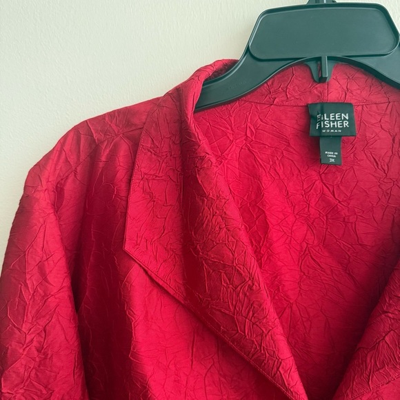Eileen Fisher Red Silk Crinkled Button Up Tunic Lightweight Jacket - Picture 6 of 7